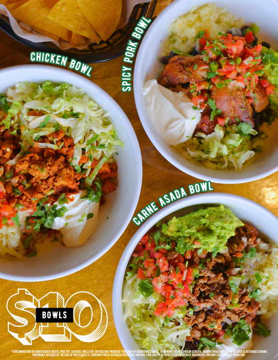 Bowls at Murrietas - New to the menu. Three pictured directly above featuring carne asada, chicken and spicy pork